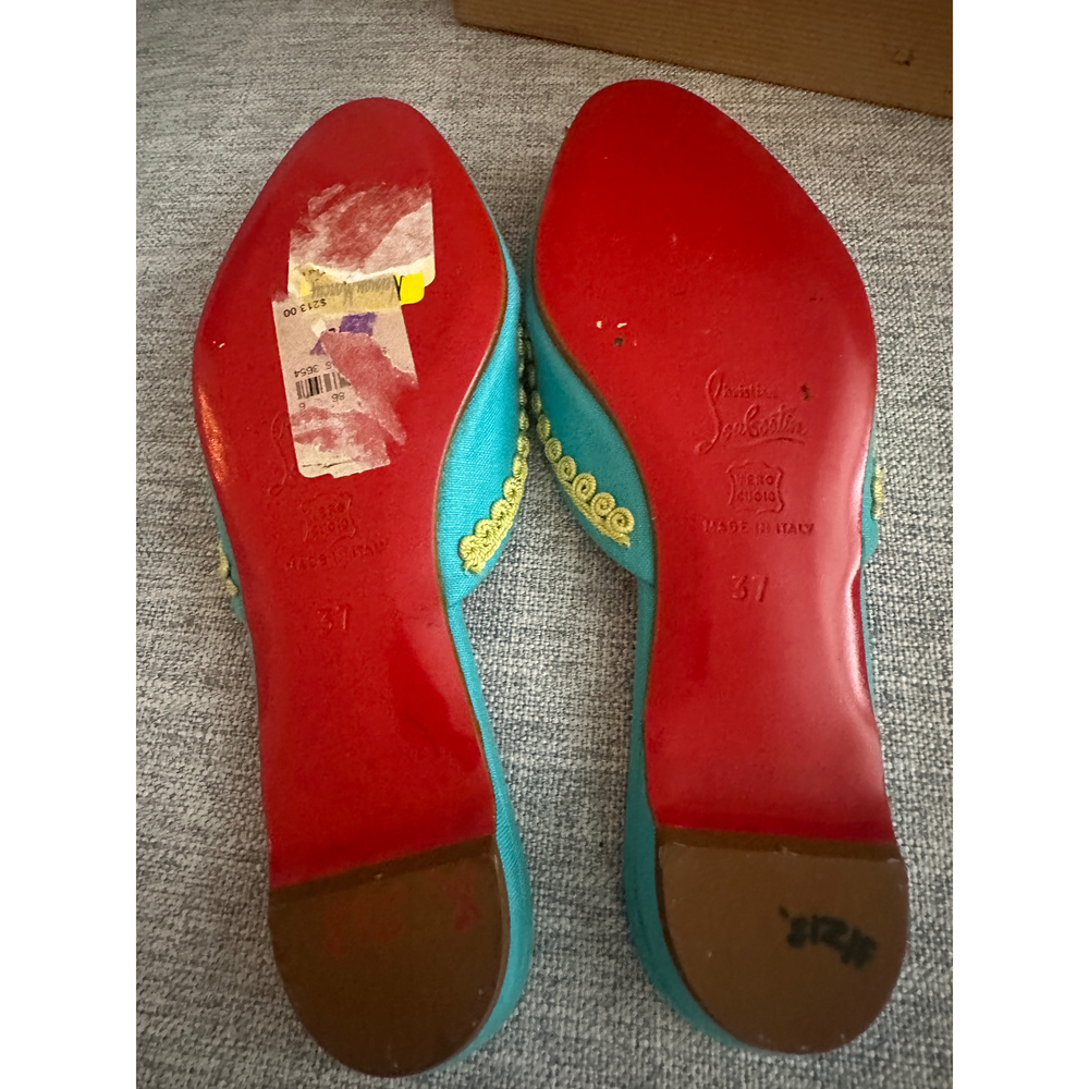 Christian Louboutin embroidered peep-toe slides in turquoise with gold - Picture 4 of 7